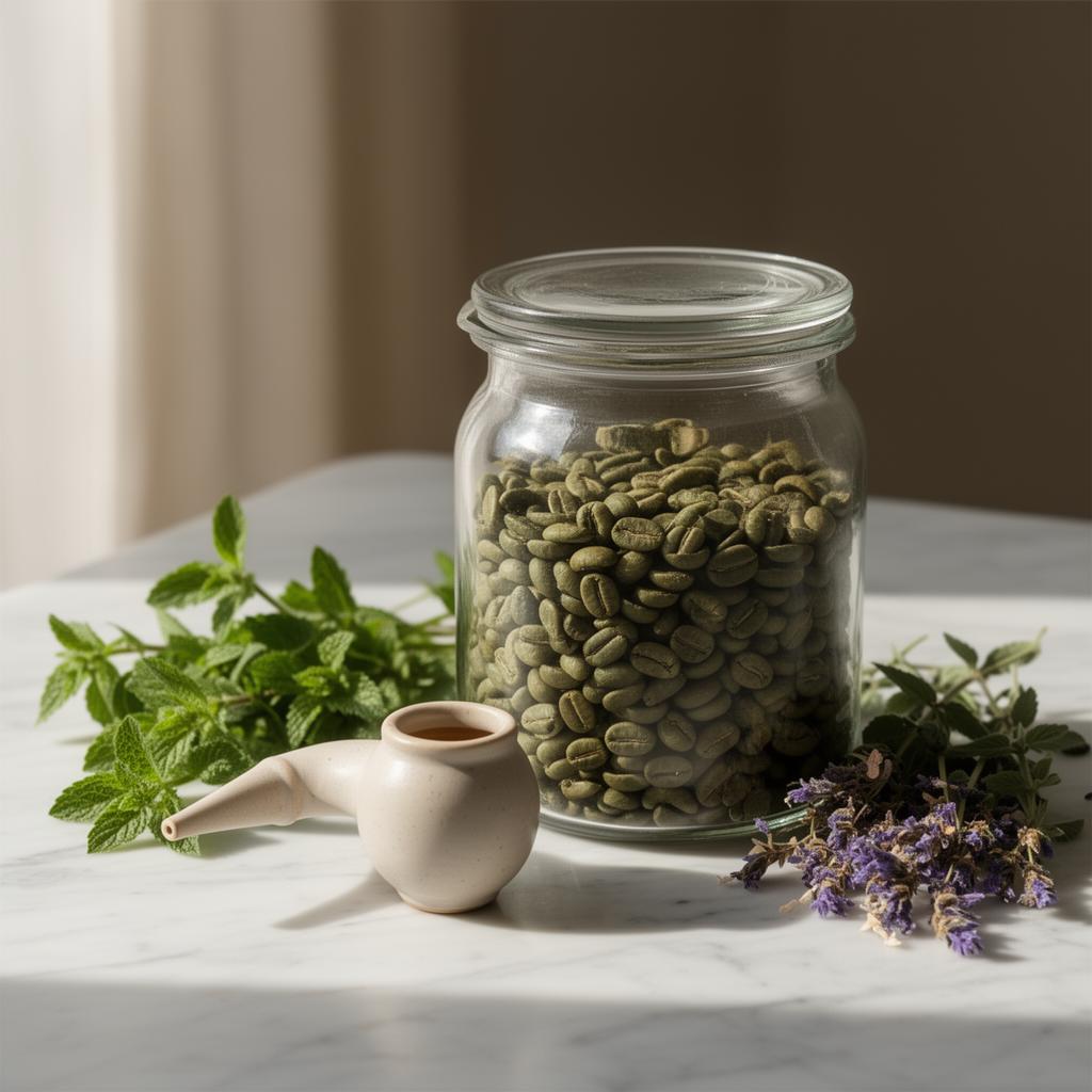 Apothecary still life with green coffee