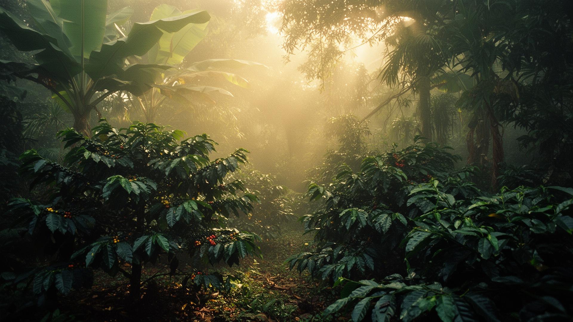 Misty Costa Rican rainforest with wild coffee trees