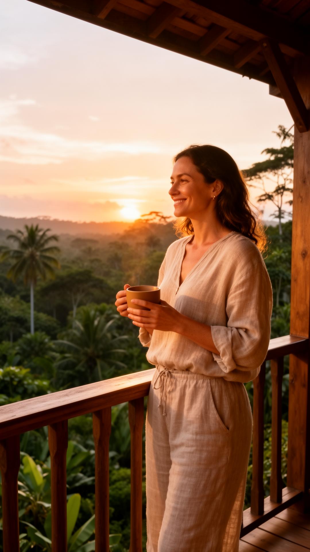 Woman at sunrise overlooking the jungle
